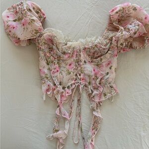 For Love And Lemons Pink Floral Lace-Up Corset style top